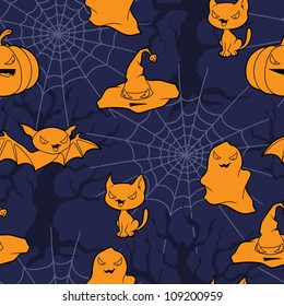 Vector background of Halloween-related objects and creatures.