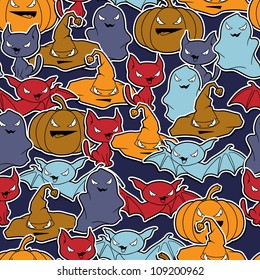 Vector background of Halloween-related objects and creatures.