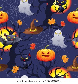 Vector background of Halloween-related objects and creatures.