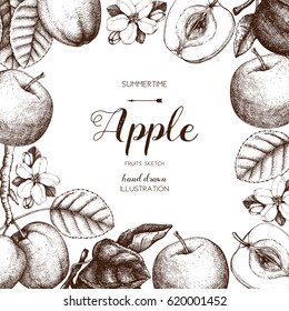 Vector background with hand drawn apple illustration. Vintage card design with fruits sketch. Botanical garden template. 