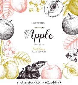 Vector background with hand drawn apple illustration. Vintage card design with fruits sketch. Botanical garden template 