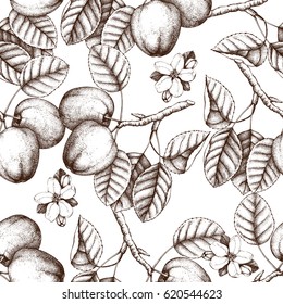 Vector background with  hand drawn apple illustration. Seamless pattern with fruits sketch. Vintage botanical garden drawing. 