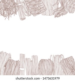  Vector background with hand drawn asian noodles. Sketch  illustration.