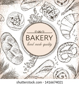 Vector background with hand drawn bakery products and wheat. Perfect for design in vintage style.