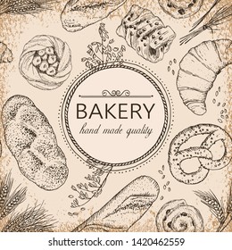 Vector background with hand drawn bakery products and wheat. Perfect for design in vintage style.