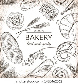 Vector background with hand drawn bakery products and wheat. Perfect for design in vintage style.