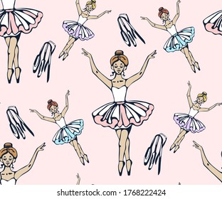 Vector background hand drawn ballerina. Hand drawn ink illustration. Modern ornamental decorative background. Vector pattern. Print for textile, cloth, wallpaper, scrapbooking