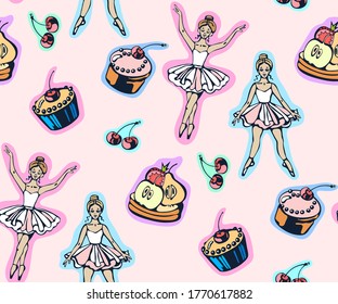 Vector background hand drawn ballerina and sweets. Hand drawn ink illustration. Modern ornamental decorative background. Vector pattern. Print for textile, cloth, wallpaper, scrapbooking
