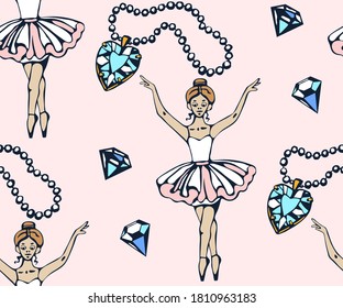 Vector background hand drawn ballerina and jewellery. Hand drawn ink illustration. Modern ornamental decorative background. 