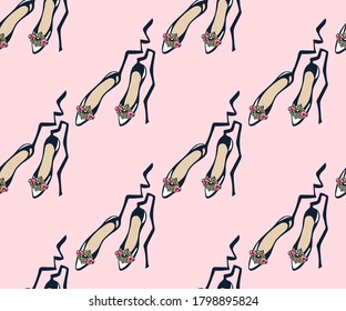 Vector background hand drawn ballet flats and jewellery. Hand drawn ink illustration. Modern ornamental decorative background. Vector pattern. Print for textile, cloth, wallpaper, scrapbooking