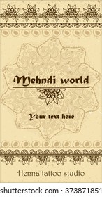 Vector background with hand drawn borders and mandala in mehndi indian style. Collection of pattern brushes inside. Henna tattoo theme. Template for banner or card with place for text
