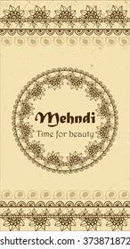 Vector background with hand drawn borders and frame in mehndi Indian style. Collection of pattern brushes inside. Henna tattoo theme. Template for banner or card with place for text