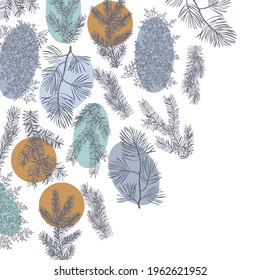 Vector background with hand drawn branches and cones of coniferous trees. Christmas plants. 