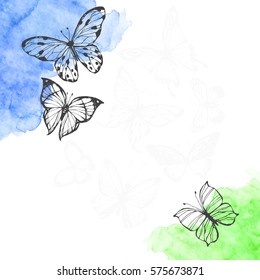 Vector background with hand drawn butterflies and colored watercolor elements. Spring sketch illustration with space for text, invitation or greeting card.