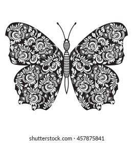  Vector background Hand drawn butterfly. Black and white vector illustration. Decorative pattern for relax and meditation. coloring book.