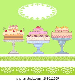 Vector background with hand drawn cakes on lace tablecloth and  place for your text.