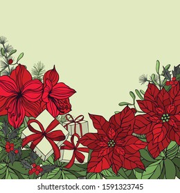 Vector background with hand drawn Christmas plants, flowers and gifts. Sketch illustration.