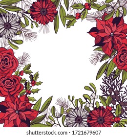 Vector background with hand drawn Christmas plants and flowers. Sketch illustration.