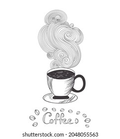 Vector background with hand drawn coffee cup with aroma smoke and the word "Coffee"
