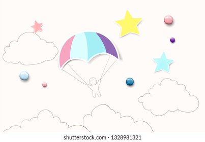 Vector background. Hand drawn color banner with skydiver, summer poster. Simple modern design template.
