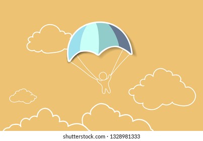 Vector background. Hand drawn color banner with skydiver, summer poster. Simple modern design template.