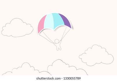 Vector background. Hand drawn color banner with skydiver, summer poster. Simple modern design template.