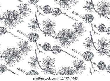Vector background with hand drawn conifers trees in sketch style. Seamless pattern with plants and branches. Vintage holiday decor
