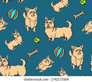 Vector background hand drawn corgi dog. Hand drawn ink illustration. Modern ornamental decorative background. Vector pattern. Print for textile, cloth, wallpaper, scrapbooking
