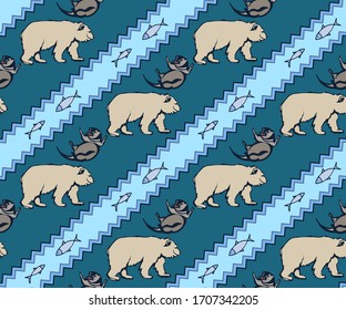 Vector background hand drawn doodle bear and otter. Hand drawn ink illustration. Modern ornamental decorative background. Vector pattern. Print for textile, cloth, wallpaper, scrapbooking