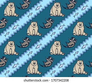 Vector background hand drawn doodle bear and otter. Hand drawn ink illustration. Modern ornamental decorative background. Vector pattern. Print for textile, cloth, wallpaper, scrapbooking
