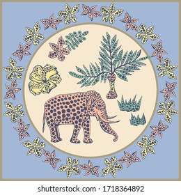 Vector background hand drawn elephant. Modern ornamental decorative background. Square print for textile, cloth, scrapbooking