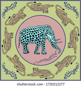 Vector background hand drawn elephant. Modern ornamental decorative background. Square print for textile, cloth, scrapbooking