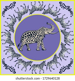 Vector background hand drawn elephant. Modern ornamental decorative background. Square print for textile, cloth, scrapbooking