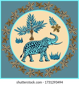 Vector background hand drawn elephant. Modern ornamental decorative background. Square print for textile, cloth, scrapbooking
