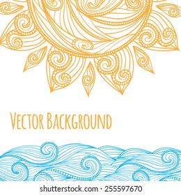 Vector Background with Hand Drawn Ethnic Sun and Waves for Your Business