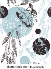 Vector Background With Hand Drawn Eucalyptus Drawings. Tasmanian Blue Gum With Leaves, Flowers, Berries Sketches. Wedding Botanical Illustration. Vintage Tree Seamless Pattern.