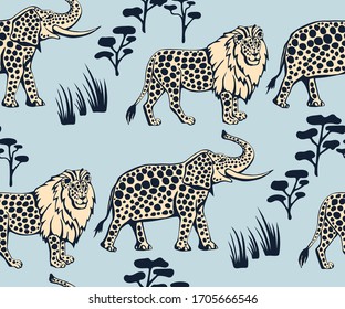 Vector background hand drawn exotic wild animals. Hand drawn ink illustration. Modern ornamental decorative background. Vector pattern. Print for textile, cloth, wallpaper, scrapbooking