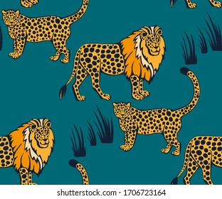 Vector background hand drawn exotic wild cat. Hand drawn ink illustration. Modern ornamental decorative background. Vector pattern. Print for textile, cloth, wallpaper, scrapbooking