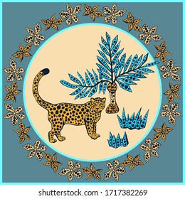 Vector background hand drawn exotic wild cat. Hand drawn ink illustration. Modern ornamental decorative background. Square print for textile, cloth, scrapbooking
