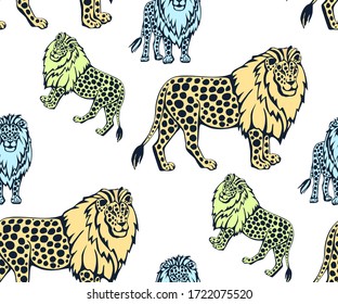 Vector background hand drawn exotic wild cat lion. Hand drawn ink illustration. Modern ornamental decorative background. Vector pattern. Print for textile, cloth, wallpaper, scrapbooking