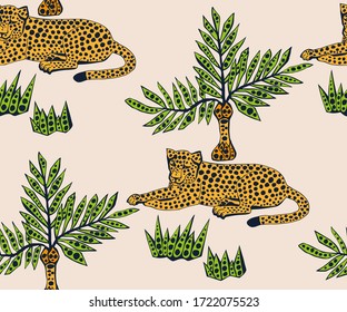 Vector background hand drawn exotic wild cat. Hand drawn ink illustration. Modern ornamental decorative background. Vector pattern. Print for textile, cloth, wallpaper, scrapbooking