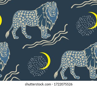 Vector background hand drawn exotic wild cat lion. Hand drawn ink illustration. Modern ornamental decorative background. Vector pattern. Print for textile, cloth, wallpaper, scrapbooking