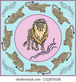 León de gato salvaje dibujado a mano con vectores. Ilustración de tinta dibujada a mano. Marco decorativo moderno. Impresión cuadrada para textiles, telas, rayado