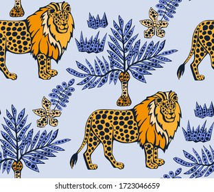Vector background hand drawn exotic wild cat lion. Hand drawn ink illustration. Modern ornamental decorative background. Vector pattern. Print for textile, cloth, wallpaper, scrapbooking