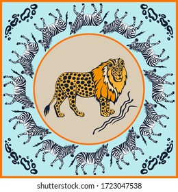 Vector background hand drawn exotic wild cat lion. Hand drawn ink illustration. Modern ornamental decorative background. Square print for textile, cloth, scrapbooking