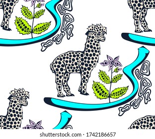 Vector background hand drawn exotic wild llama alpaca. Hand drawn ink illustration. Modern ornamental decorative background. Vector pattern. Print for textile, cloth, wallpaper, scrapbooking