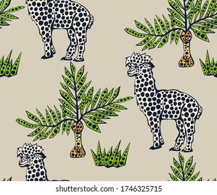 Vector background hand drawn exotic wild llama alpaca. Hand drawn ink illustration. Modern ornamental decorative background. Vector pattern. Print for textile, cloth, wallpaper, scrapbooking