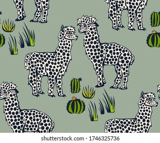 Vector background hand drawn exotic wild llama alpaca. Hand drawn ink illustration. Modern ornamental decorative background. Vector pattern. Print for textile, cloth, wallpaper, scrapbooking