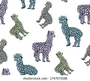 Vector background hand drawn exotic wild llama alpaca. Hand drawn ink illustration. Modern ornamental decorative background. Vector pattern. Print for textile, cloth, wallpaper, scrapbooking