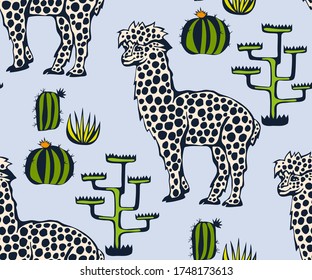 Vector background hand drawn exotic wild llama alpaca. Hand drawn ink illustration. Modern ornamental decorative background. Vector pattern. Print for textile, cloth, wallpaper, scrapbooking